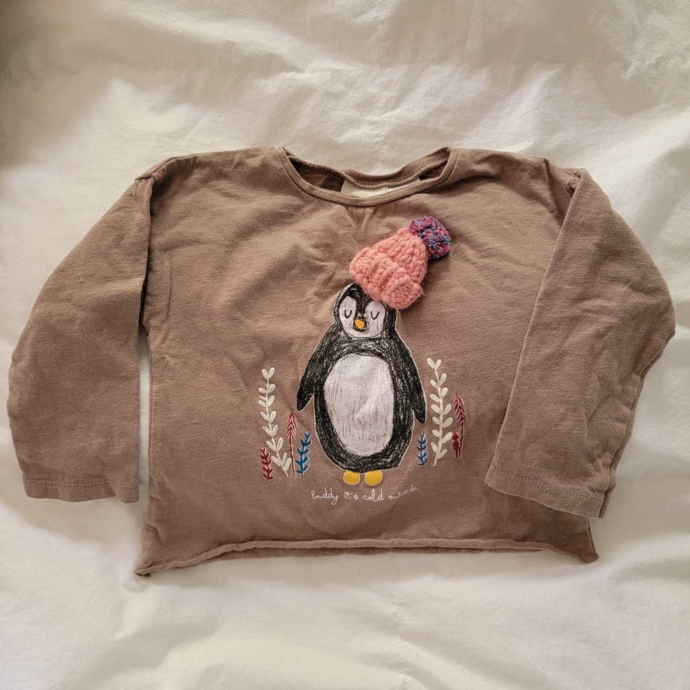 Zara Brown Long Sleeve Kids Tee with Penguin Design